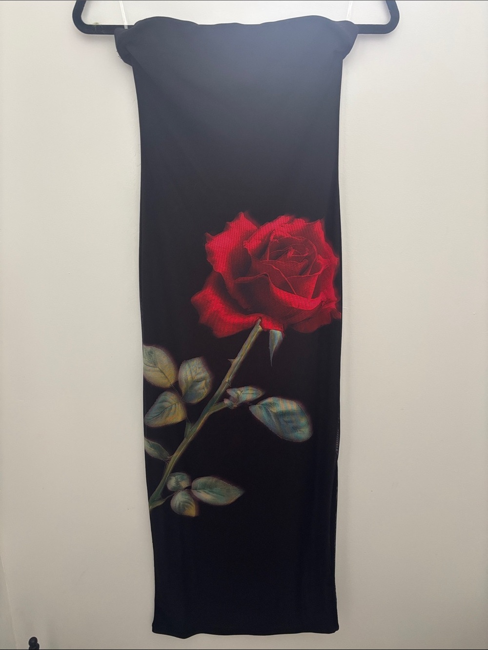 Black Midi Skirt with Red Rose Print